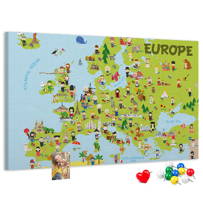 Tableau de liège Une carte colorée de l'Europe avec des icônes culturelles
