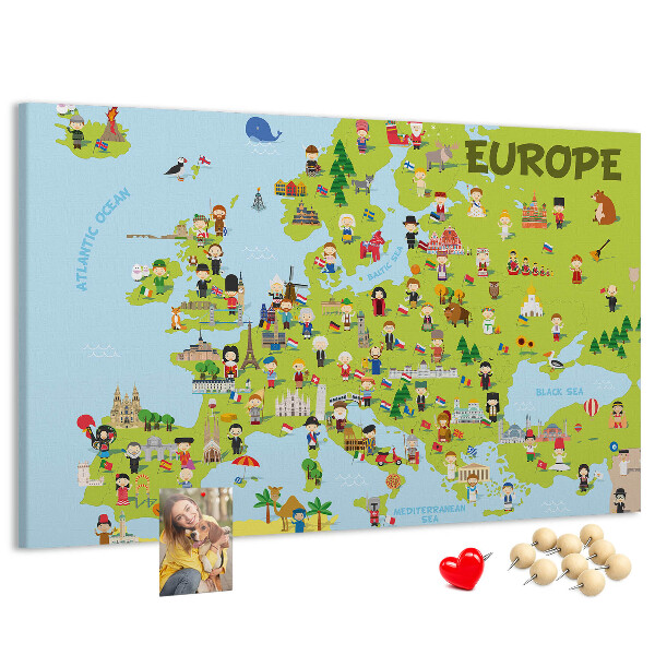 Tableau de liège Une carte colorée de l'Europe avec des icônes culturelles