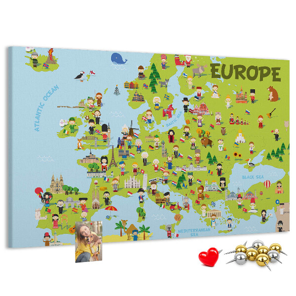 Tableau de liège Une carte colorée de l'Europe avec des icônes culturelles