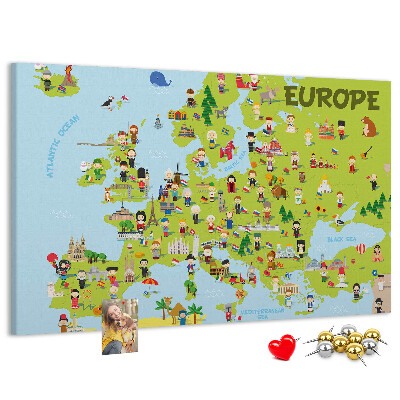 Tableau de liège Une carte colorée de l'Europe avec des icônes culturelles