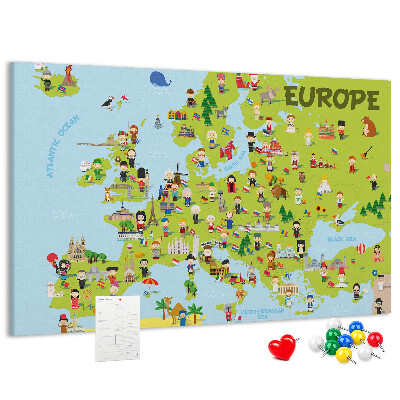Tableau de liège Une carte colorée de l'Europe avec des icônes culturelles