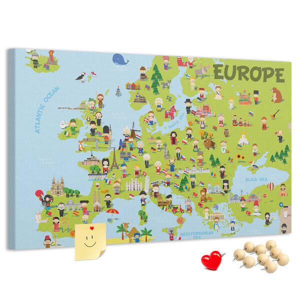 Tableau de liège Une carte colorée de l'Europe avec des icônes culturelles
