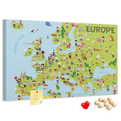 Tableau de liège Une carte colorée de l'Europe avec des icônes culturelles