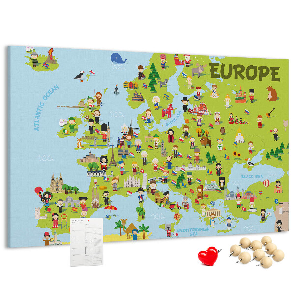 Tableau de liège Une carte colorée de l'Europe avec des icônes culturelles