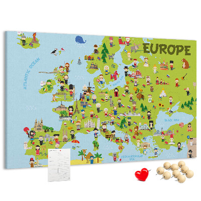 Tableau de liège Une carte colorée de l'Europe avec des icônes culturelles