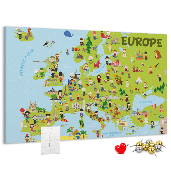 Tableau de liège Une carte colorée de l'Europe avec des icônes culturelles