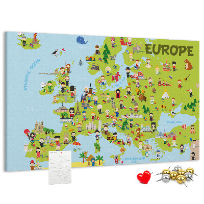 Tableau de liège Une carte colorée de l'Europe avec des icônes culturelles