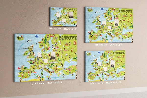 Tableau de liège Une carte colorée de l'Europe avec des icônes culturelles
