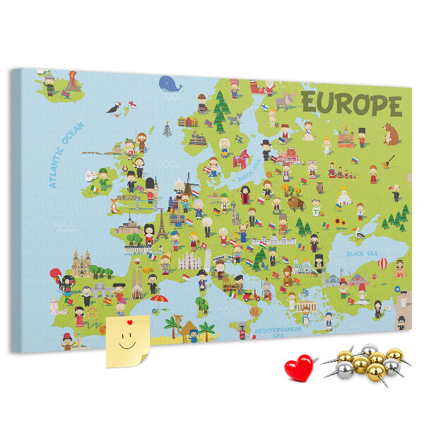 Tableau de liège Une carte colorée de l'Europe avec des icônes culturelles