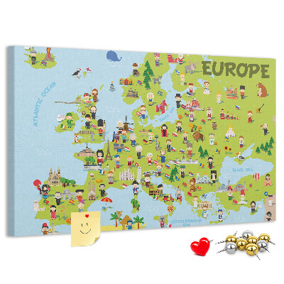 Tableau de liège Une carte colorée de l'Europe avec des icônes culturelles