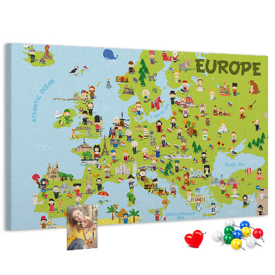 Tableau de liège Une carte colorée de l'Europe avec des icônes culturelles