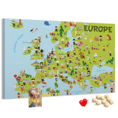 Tableau de liège Une carte colorée de l'Europe avec des icônes culturelles
