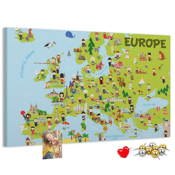 Tableau de liège Une carte colorée de l'Europe avec des icônes culturelles