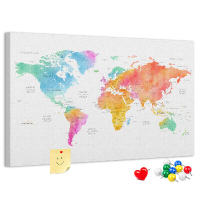 Tableau affichage liège Carte du monde colorée à l'aquarelle.