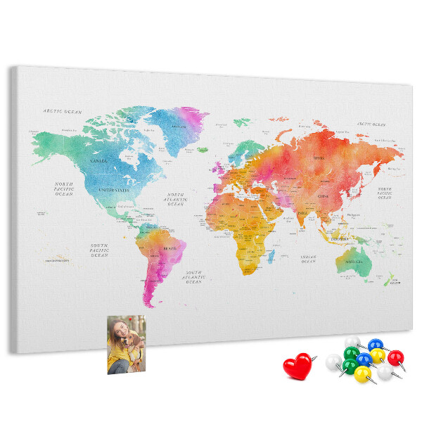 Tableau affichage liège Carte du monde colorée à l'aquarelle.