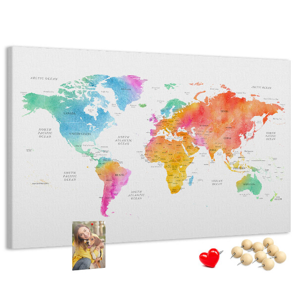 Tableau affichage liège Carte du monde colorée à l'aquarelle.