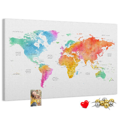 Tableau affichage liège Carte du monde colorée à l'aquarelle.