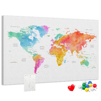 Tableau affichage liège Carte du monde colorée à l'aquarelle.