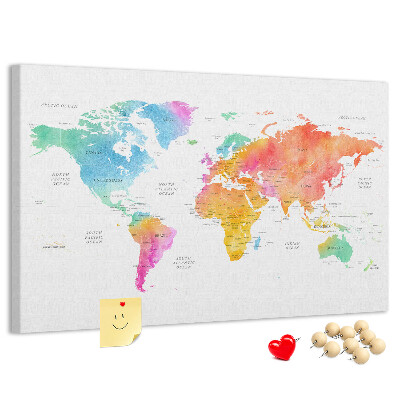 Tableau affichage liège Carte du monde colorée à l'aquarelle.