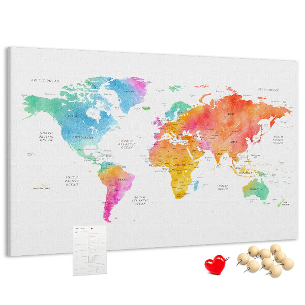 Tableau affichage liège Carte du monde colorée à l'aquarelle.
