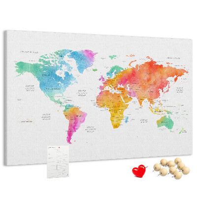 Tableau affichage liège Carte du monde colorée à l'aquarelle.