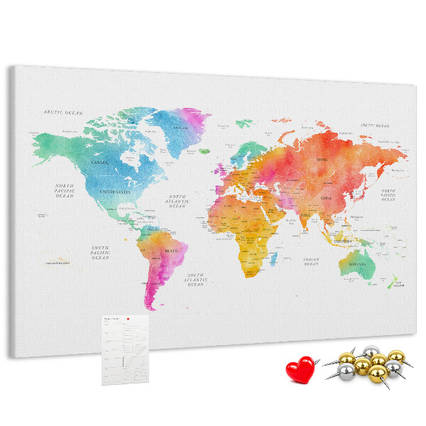 Tableau affichage liège Carte du monde colorée à l'aquarelle.