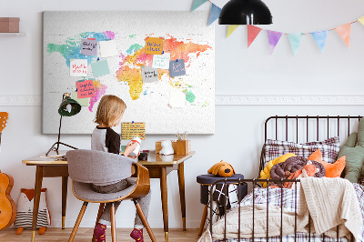 Tableau affichage liège Carte du monde colorée à l'aquarelle.