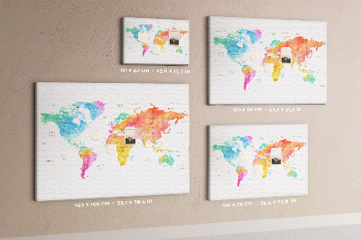 Tableau affichage liège Carte du monde colorée à l'aquarelle.