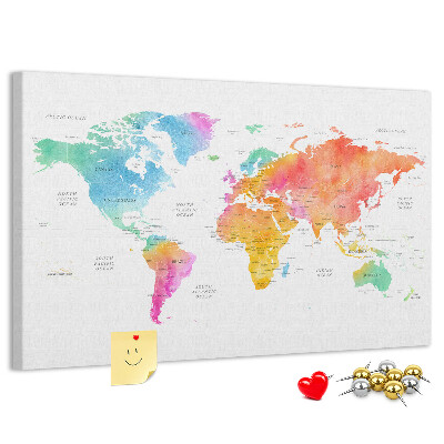 Tableau affichage liège Carte du monde colorée à l'aquarelle.