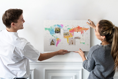 Tableau affichage liège Carte du monde colorée à l'aquarelle.