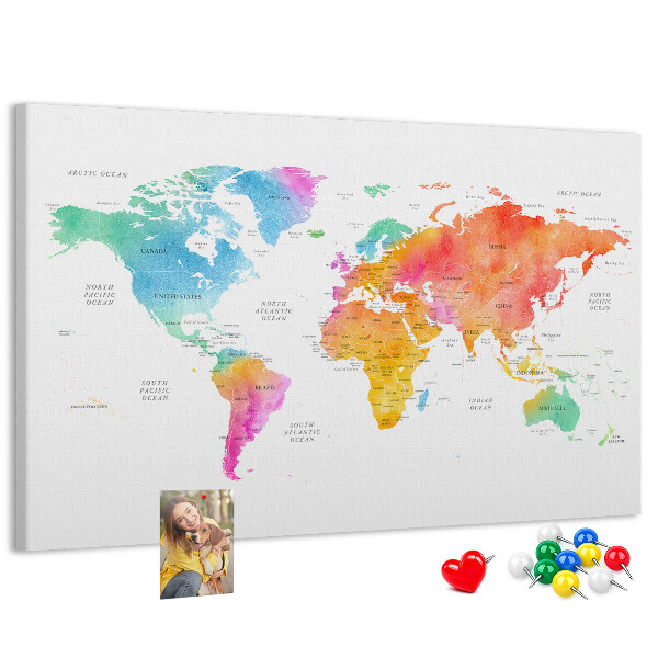 Tableau affichage liège Carte du monde colorée à l'aquarelle.