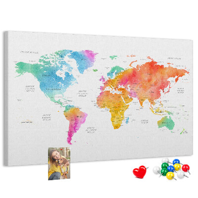 Tableau affichage liège Carte du monde colorée à l'aquarelle.