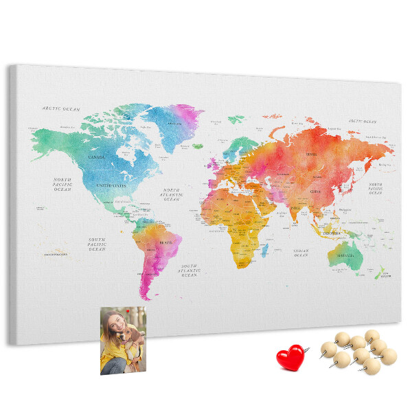 Tableau affichage liège Carte du monde colorée à l'aquarelle.