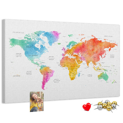 Tableau affichage liège Carte du monde colorée à l'aquarelle.