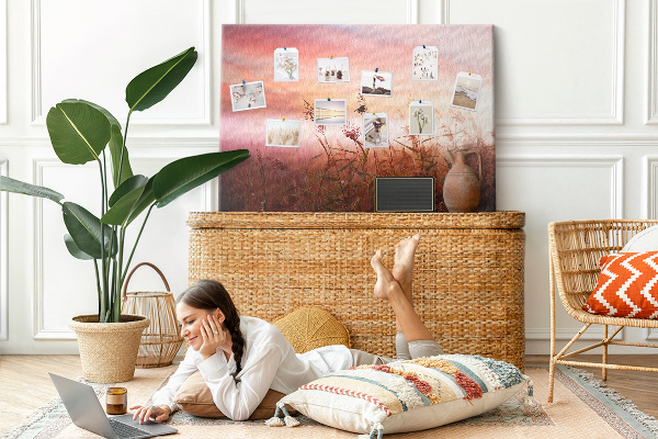 Tableau de liège Coucher de soleil sur un champ herbeux