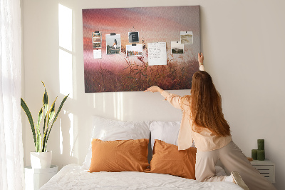 Tableau de liège Coucher de soleil sur un champ herbeux