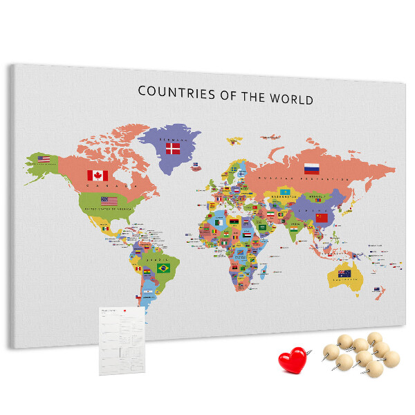 Tableau en liège Cartes du monde avec les pays marqués