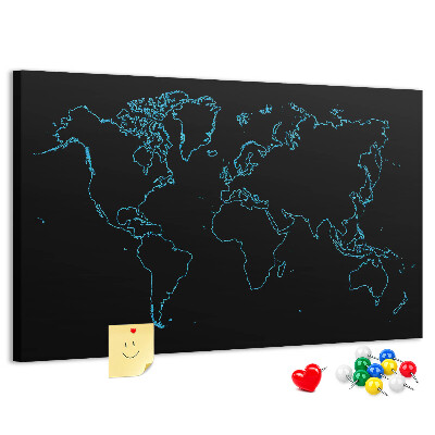 Tableau affichage liège Carte du monde sur fond noir