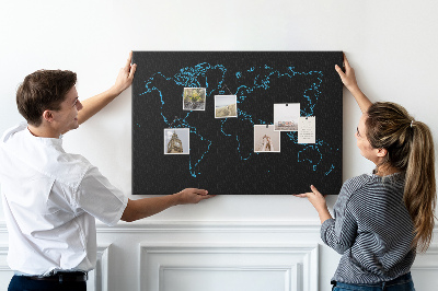 Tableau affichage liège Carte du monde sur fond noir