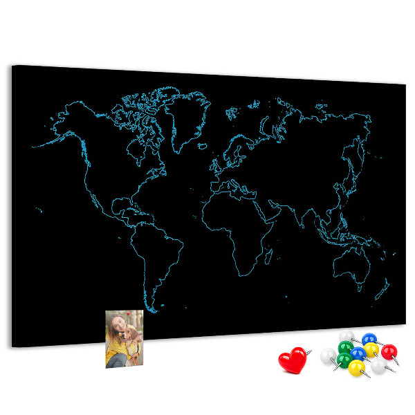 Tableau affichage liège Carte du monde sur fond noir