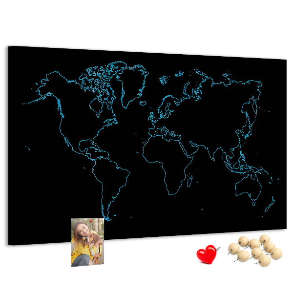 Tableau affichage liège Carte du monde sur fond noir