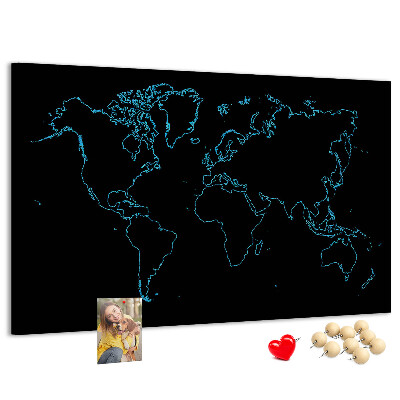 Tableau affichage liège Carte du monde sur fond noir