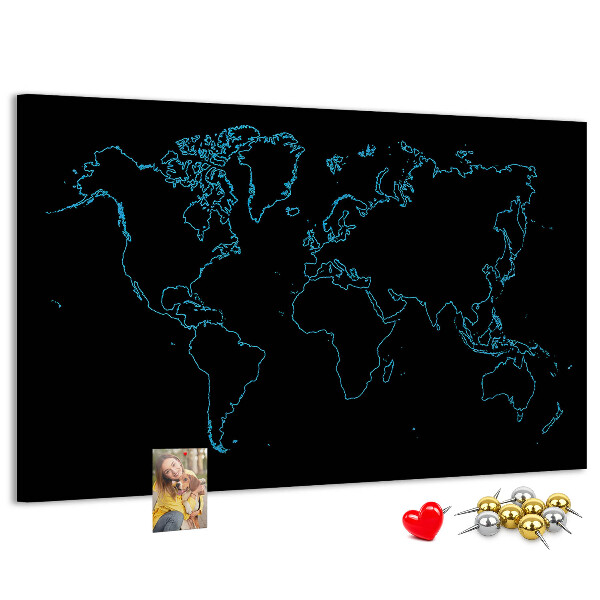 Tableau affichage liège Carte du monde sur fond noir