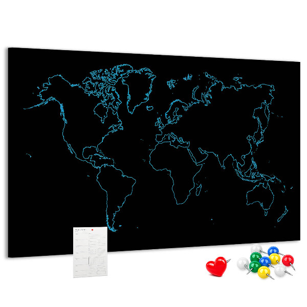Tableau affichage liège Carte du monde sur fond noir