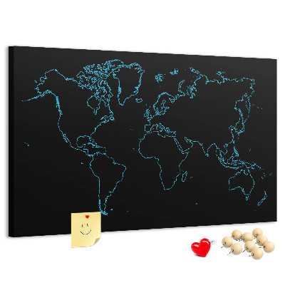 Tableau affichage liège Carte du monde sur fond noir