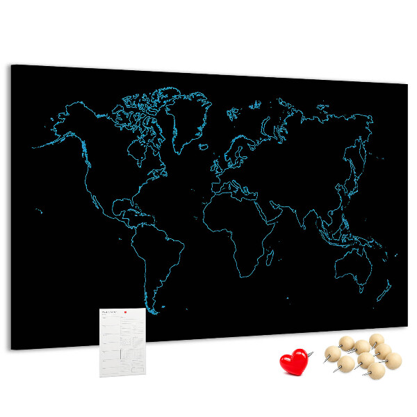 Tableau affichage liège Carte du monde sur fond noir