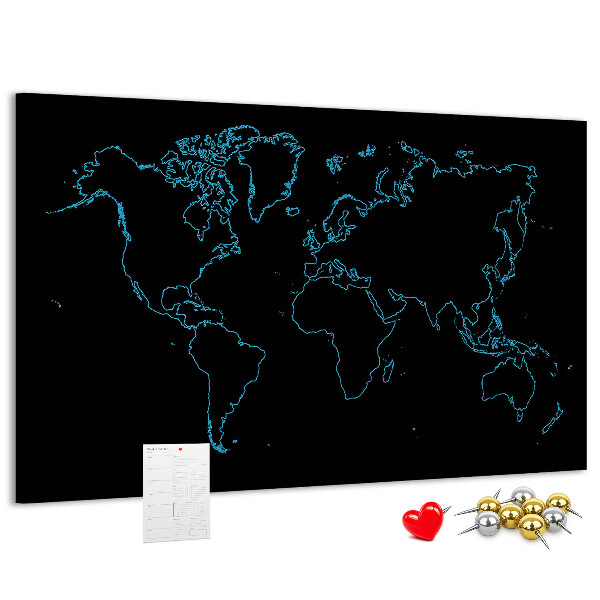 Tableau affichage liège Carte du monde sur fond noir