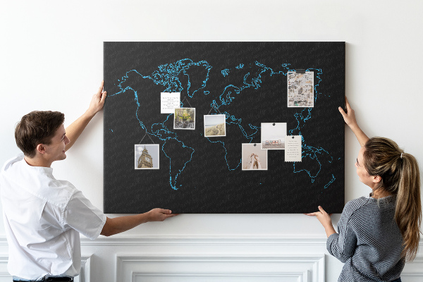 Tableau affichage liège Carte du monde sur fond noir