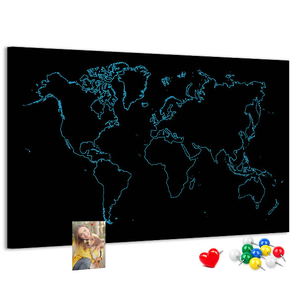Tableau affichage liège Carte du monde sur fond noir