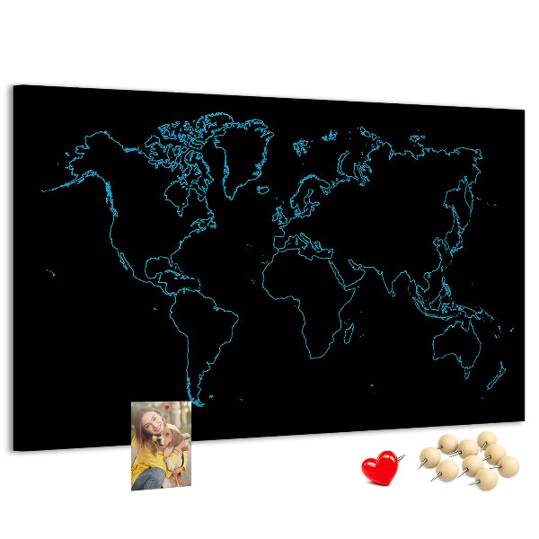 Tableau affichage liège Carte du monde sur fond noir